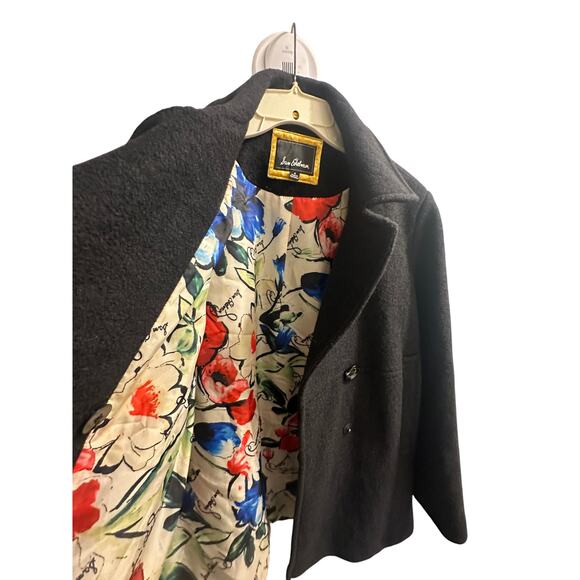 Sam Edelman Black Wool Pea coat Size 8 colorful lining long - Picture 2 of 10